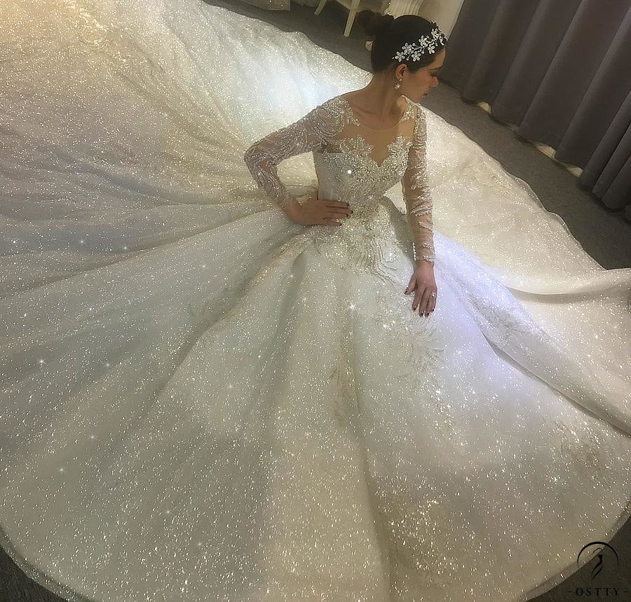 OSTTY - Luxury White Wedding Dress Long Sleeve Full Beading Ball Gown ...