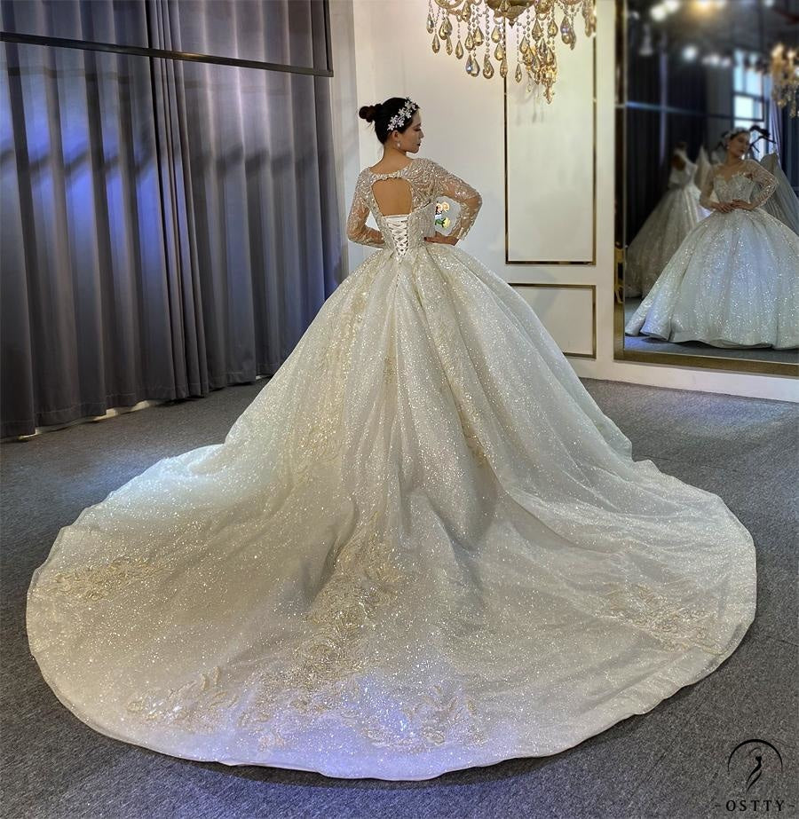 OSTTY - Luxury White Wedding Dress Long Sleeve Full Beading Ball Gown ...