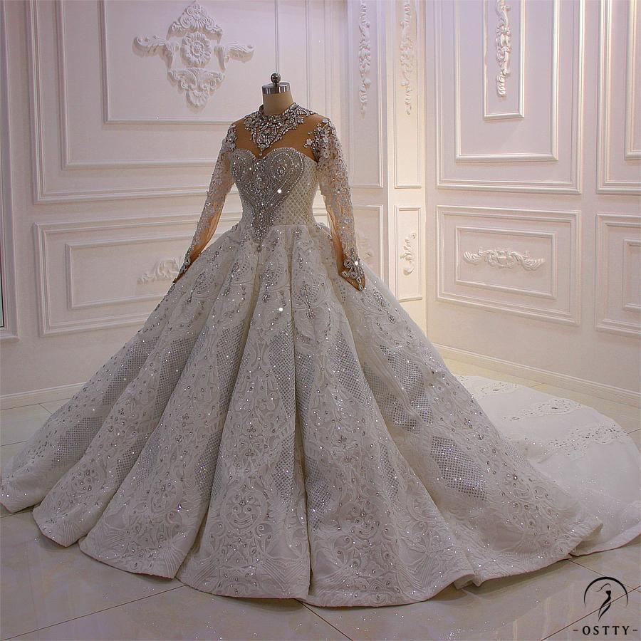 Luxury White Wedding Dress Long Sleeve High Neck Full Beading Ball Gown