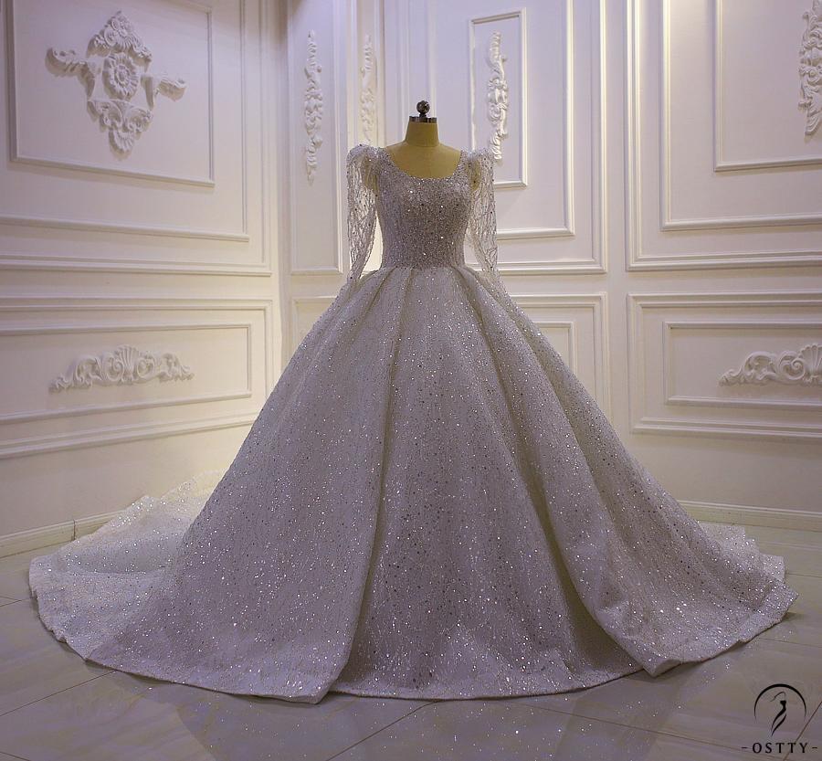 OSTTY - Luxury White Wedding Dress Long Sleeve O Neck Ball Gown Crystal ...