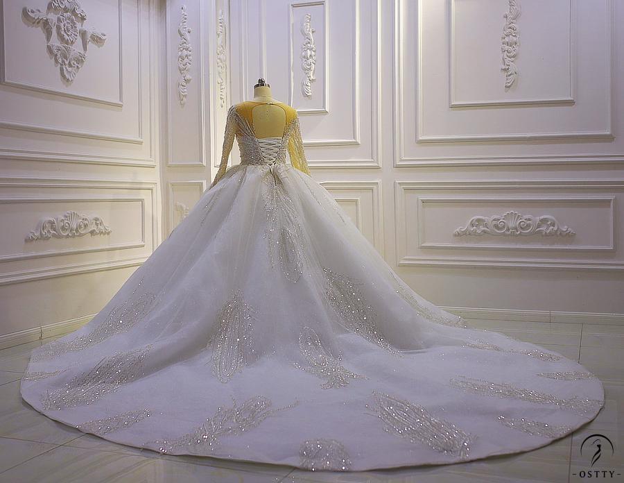 Luxury White Wedding Dress Long Sleeve Ball Gown Crystal Dresses OS856