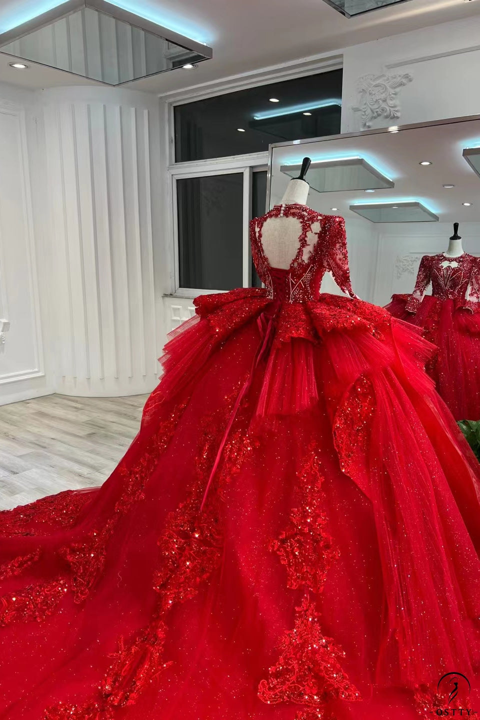 OSTTY - Red Luxury Long Sleeves Ball Gown Wedding Dress $1,499.99